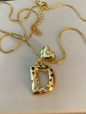 Gold Initial D Pendant Necklace with Multicolor Stones